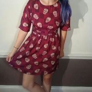 Sugar skull Maroon & red dress knee length pin up